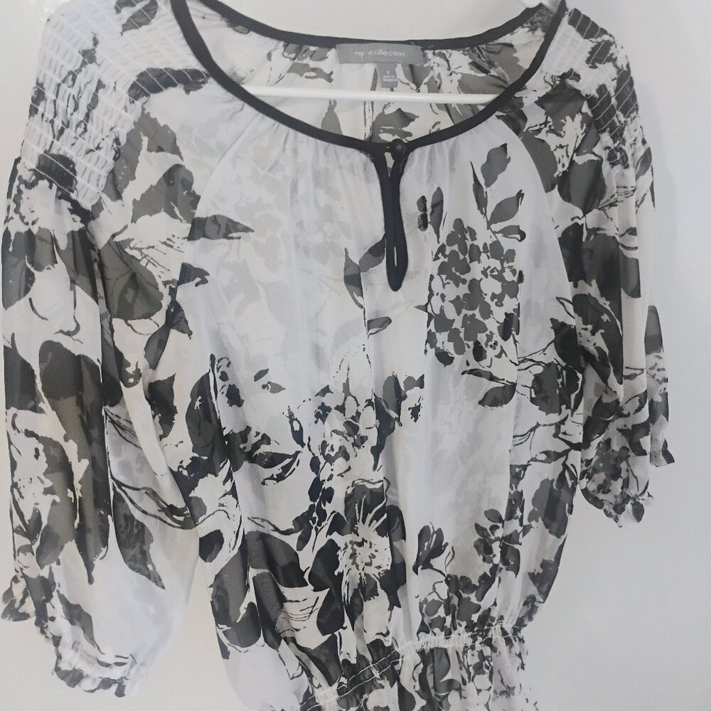 NY Collection Floral Peplum Blouse Black White Boho Top S - Picture 1 of 4